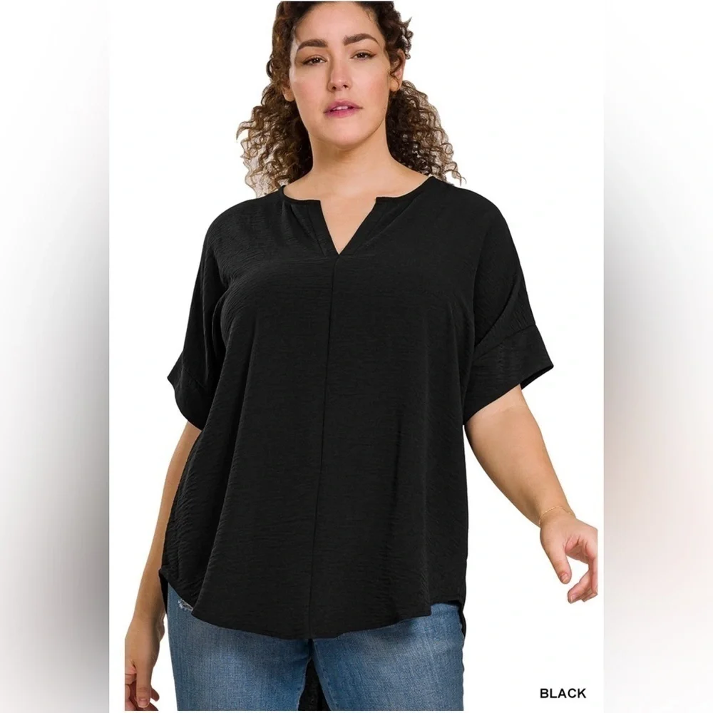 New! Plus Size Black Woven airflow split neck short sleeve top Size 1X 2X 3X